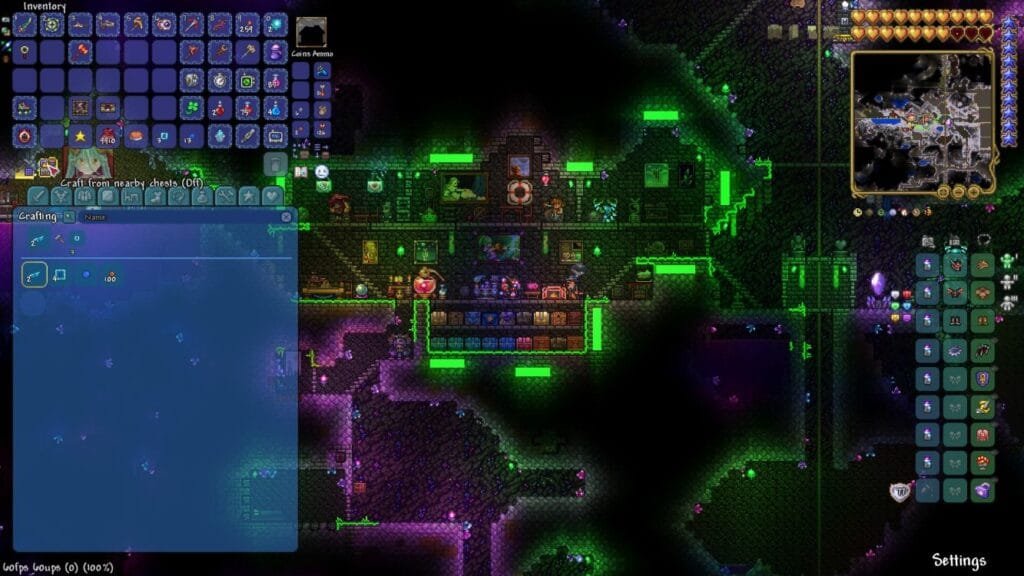 Terraria 1.4.5 Bigger & Bolder Update Goes Live Across All Platforms 2 Terraria gameplay: Inventory/crafting UI open, underground base in glowing green biome, minimap, health/mana bars, and quick-access items.