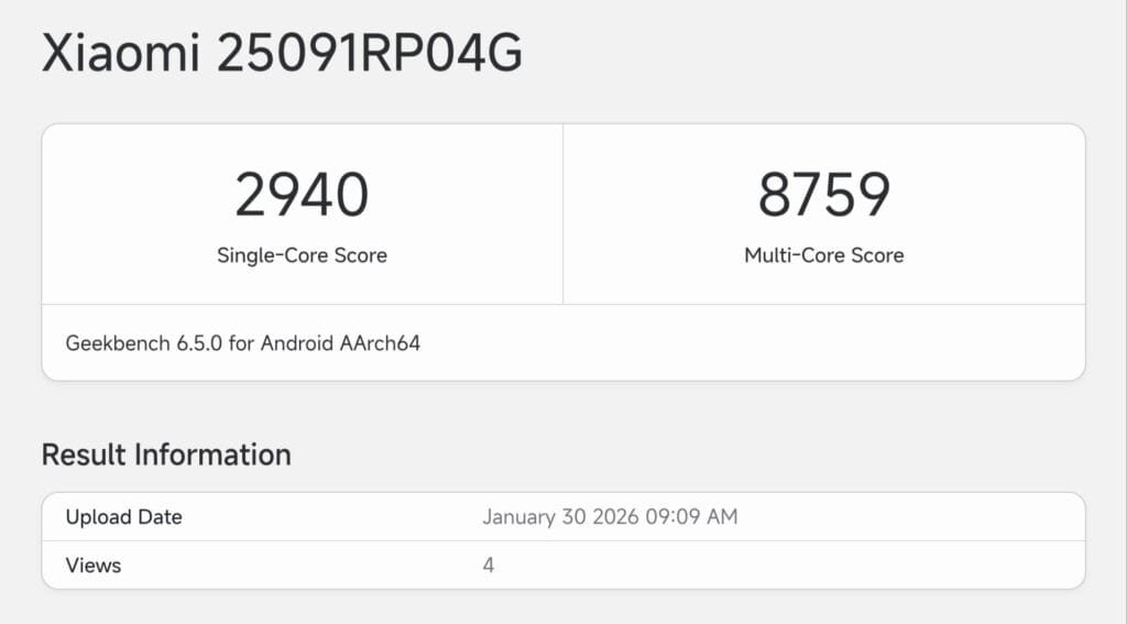 Geekbench 6.5.0 benchmark results for Xiaomi device model 25091RP04G (Xiaomi Pad 8 Pro). Single-core score: 2940; Multi-core score: 8759. Tested on Android AArch64. Upload date: January 30, 2026 09:09 AM; Views: 4.