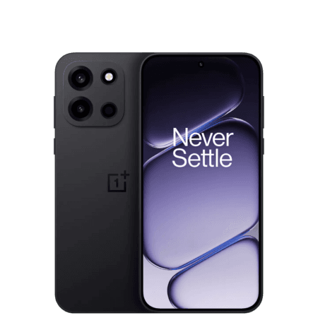 OnePlus Announces Turbo 6 and Turbo 6V in China with 9,000mAh Batteries OnePlus Turbo 6 smartphone shown from front and back against a black background. The back is matte dark gray with a square camera module housing three lenses and a flash, plus the OnePlus logo below. The front features a display with a central punch-hole camera, showing a purple abstract background and the 'Never Settle' tagline in white text.