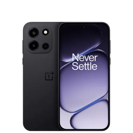 OnePlus Turbo 6 smartphone shown from front and back against a black background. The back is matte dark gray with a square camera module housing three lenses and a flash, plus the OnePlus logo below. The front features a display with a central punch-hole camera, showing a purple abstract background and the 'Never Settle' tagline in white text.