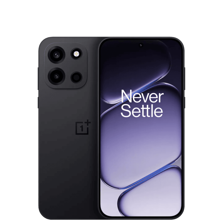 OnePlus Turbo 6 smartphone shown from front and back against a black background. The back is matte dark gray with a square camera module housing three lenses and a flash, plus the OnePlus logo below. The front features a display with a central punch-hole camera, showing a purple abstract background and the 'Never Settle' tagline in white text.