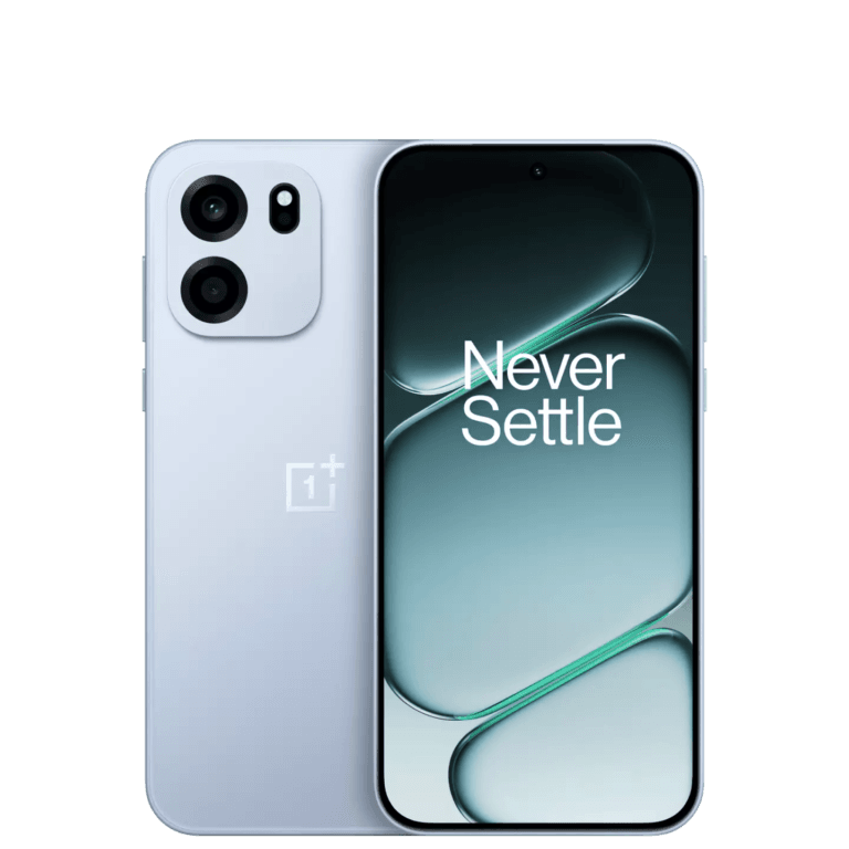 OnePlus Turbo 6V OnePlus Turbo 6V smartphone displayed from front and back against a black background. The back is light silver/white with a square camera module containing two lenses and a flash, along with the OnePlus logo below. The front has a central punch-hole camera, showing a teal and light gray abstract background with the 'Never Settle' tagline in white text.