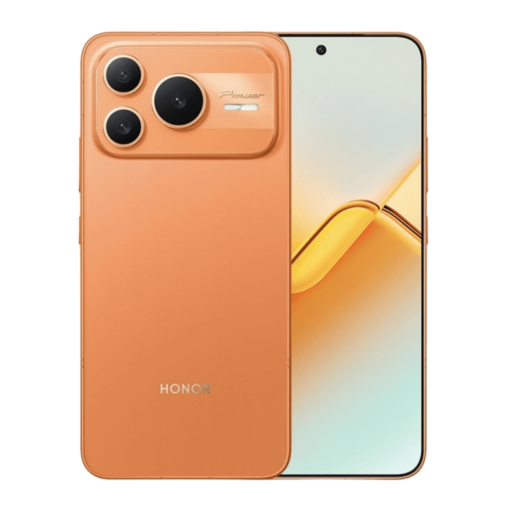 HONOR Power 2 smartphone, presented with both back and front views against a black background. The rear has an orange matte finish, a rectangular camera module with three lenses and a 'Power' label, plus the HONOR logo at the bottom. The front features a punch-hole display with a soft gradient wallpaper in yellow and light blue tones.