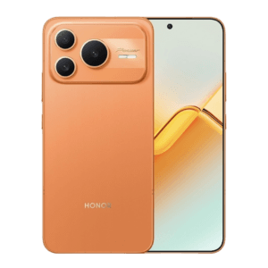 HONOR Power 2 smartphone, presented with both back and front views against a black background. The rear has an orange matte finish, a rectangular camera module with three lenses and a 'Power' label, plus the HONOR logo at the bottom. The front features a punch-hole display with a soft gradient wallpaper in yellow and light blue tones.