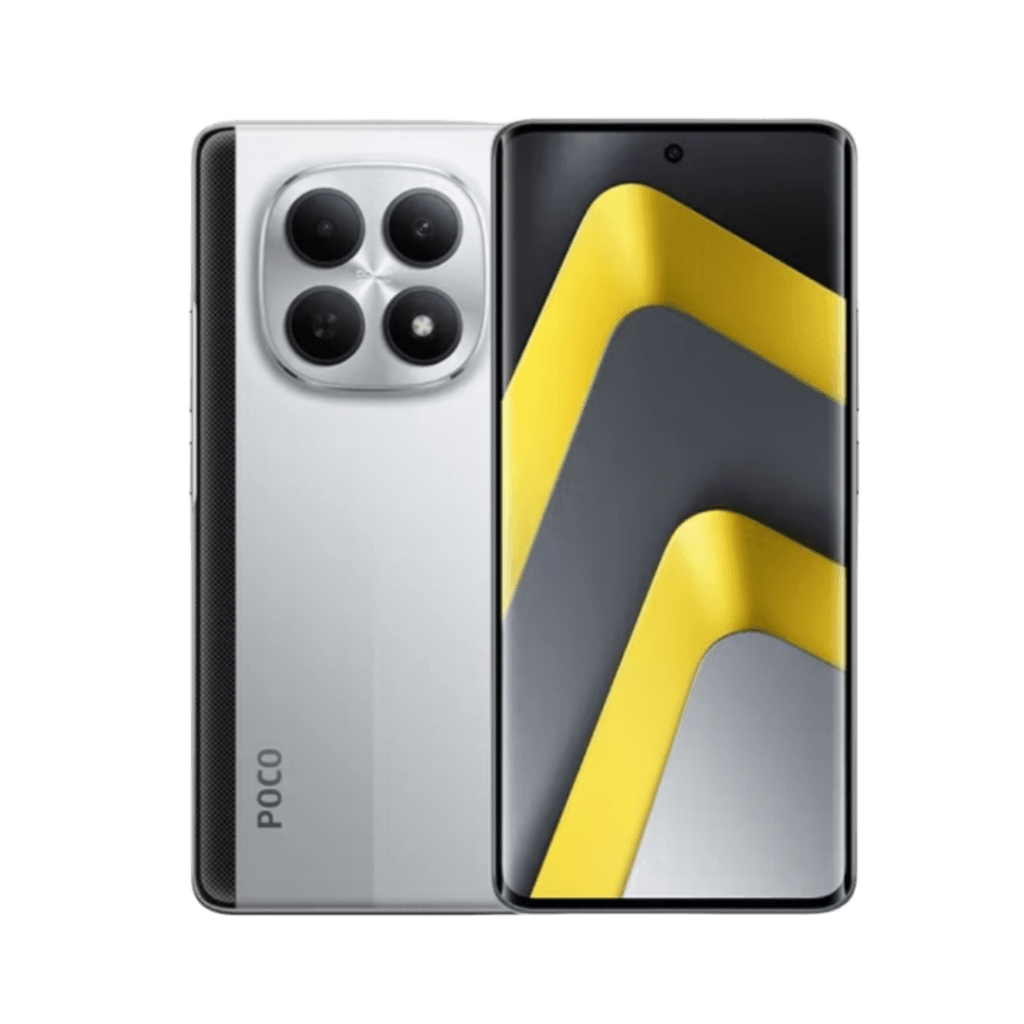 POCO M8 5G smartphone shown from front and back against a black background. The rear features a silver finish with a quad-camera module in a circular silver housing, 'POCO' branding vertically aligned, and textured side panels. The front displays a curved screen with a dynamic yellow and gray geometric wallpaper and a centered punch-hole camera.