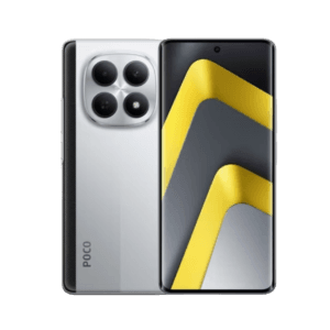 POCO M8 5G smartphone shown from front and back against a black background. The rear features a silver finish with a quad-camera module in a circular silver housing, 'POCO' branding vertically aligned, and textured side panels. The front displays a curved screen with a dynamic yellow and gray geometric wallpaper and a centered punch-hole camera.
