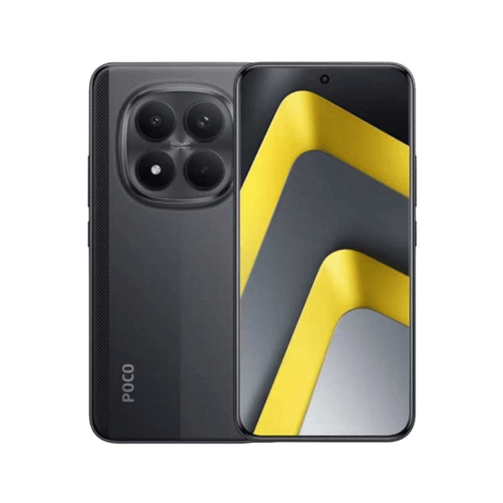 POCO M8 Pro 5G smartphone displayed from front and back against a black background. The rear has a dark gray finish with a quad-camera module in a rounded square housing (one lens marked '50MP'), vertical 'POCO' branding, and textured side panels. The front shows a curved screen with a centered punch-hole camera and a dynamic yellow-and-gray geometric wallpaper.