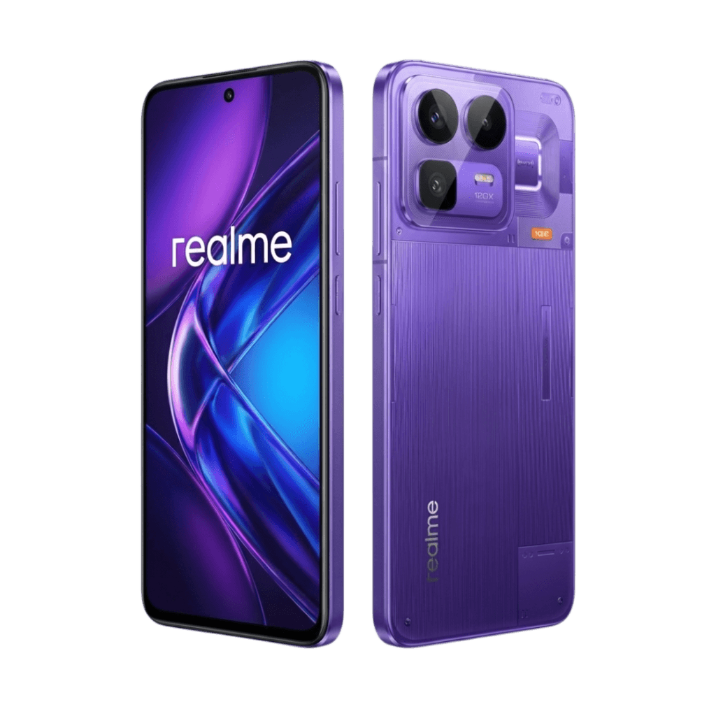 Realme Neo 8 smartphone in a cyber purple color variant, shown from front and rear views against a black background. The front features a large OLED display with a central punch-hole camera and the 'realme' logo on screen. The rear has a distinctive textured design with a rectangular camera module housing three lenses, marked with '120x', and the 'realme' brand name vertically aligned at the bottom.