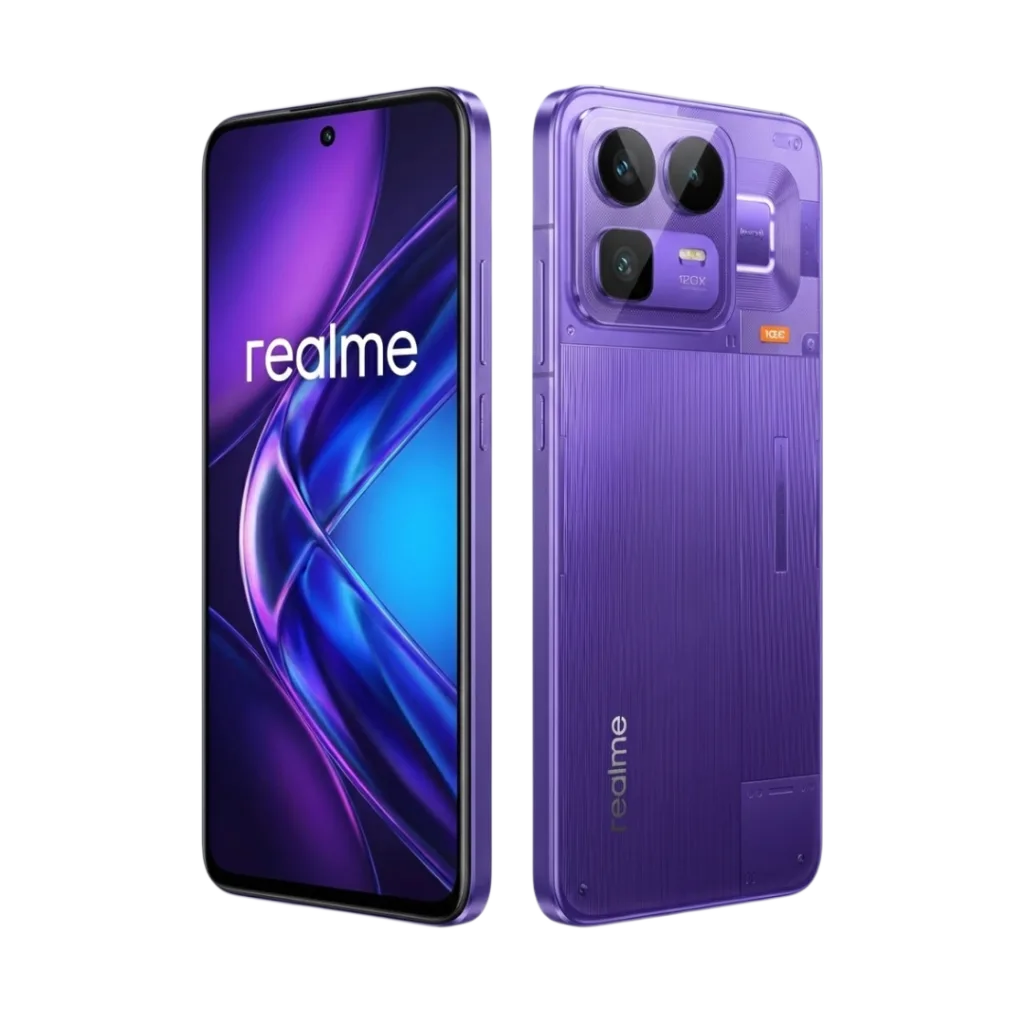 Realme Neo 8 smartphone in a cyber purple color variant, shown from front and rear views against a black background. The front features a large OLED display with a central punch-hole camera and the 'realme' logo on screen. The rear has a distinctive textured design with a rectangular camera module housing three lenses, marked with '120x', and the 'realme' brand name vertically aligned at the bottom.
