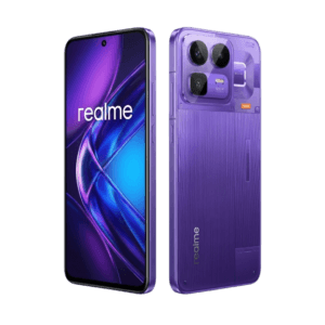 Realme Neo 8 smartphone in a cyber purple color variant, shown from front and rear views against a black background. The front features a large OLED display with a central punch-hole camera and the 'realme' logo on screen. The rear has a distinctive textured design with a rectangular camera module housing three lenses, marked with '120x', and the 'realme' brand name vertically aligned at the bottom.