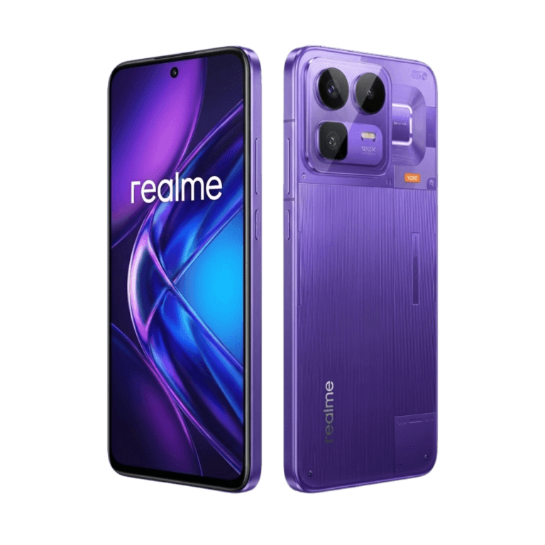 realme Neo 8 Realme Neo 8 smartphone in a cyber purple color variant, shown from front and rear views against a black background. The front features a large OLED display with a central punch-hole camera and the 'realme' logo on screen. The rear has a distinctive textured design with a rectangular camera module housing three lenses, marked with '120x', and the 'realme' brand name vertically aligned at the bottom.