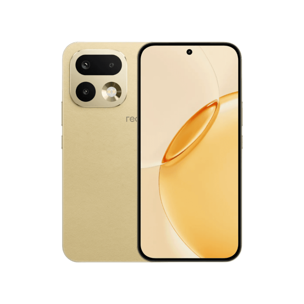 Realme 16 Pro smartphone displayed against a black background, showing both its front and back. The back features an eco-leather finish in a light gold color, with a square camera module housing three lenses and a flash. The front has a 6.78-inch or 6.8-inch 1.5K AMOLED display with a central punch-hole camera and a screen showing a warm, orange-toned abstract graphic.
