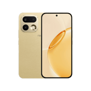 Realme 16 Pro smartphone displayed against a black background, showing both its front and back. The back features an eco-leather finish in a light gold color, with a square camera module housing three lenses and a flash. The front has a 6.78-inch or 6.8-inch 1.5K AMOLED display with a central punch-hole camera and a screen showing a warm, orange-toned abstract graphic.