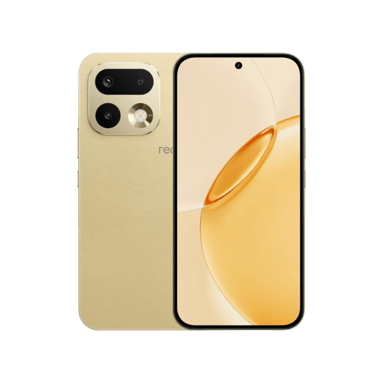 Realme 16 Pro Realme 16 Pro smartphone displayed against a black background, showing both its front and back. The back features an eco-leather finish in a light gold color, with a square camera module housing three lenses and a flash. The front has a 6.78-inch or 6.8-inch 1.5K AMOLED display with a central punch-hole camera and a screen showing a warm, orange-toned abstract graphic.