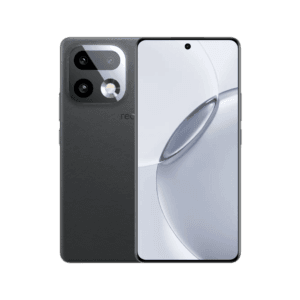 Alt text: "Realme 16 Pro+ smartphone shown from front and back against a black background. The back has a textured dark gray finish, a square camera module with four lenses/sensors, and partial 'realme' branding visible. The front features a large display with a centered punch-hole camera and a sleek, modern design with a curved screen edge."