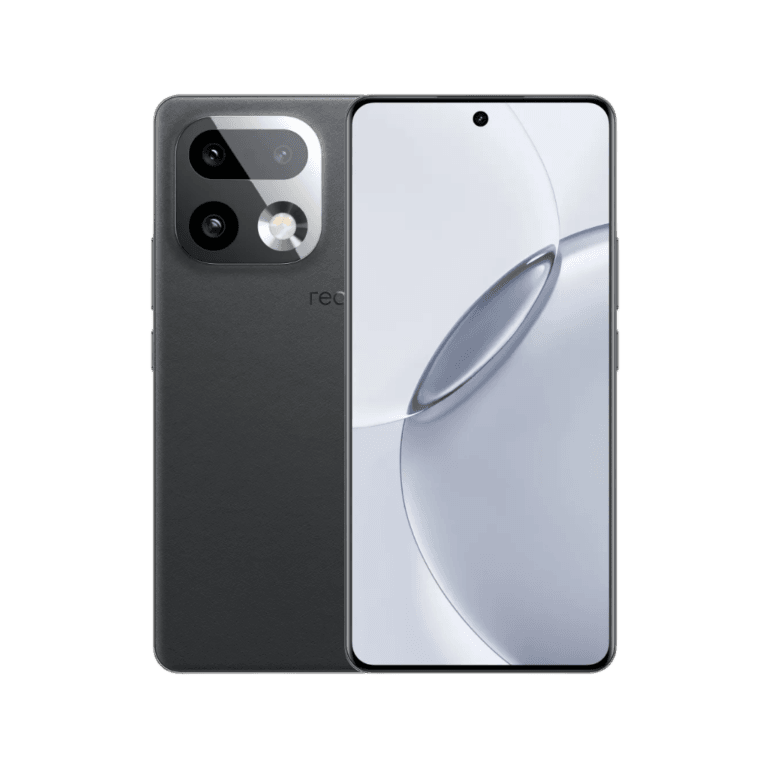 Realme 16 Pro+ Alt text: "Realme 16 Pro+ smartphone shown from front and back against a black background. The back has a textured dark gray finish, a square camera module with four lenses/sensors, and partial 'realme' branding visible. The front features a large display with a centered punch-hole camera and a sleek, modern design with a curved screen edge."