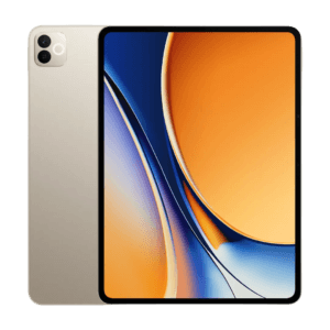 Realme Pad 3 tablet shown from front and back against a black background. The front features an 11.61-inch display with a vibrant abstract wallpaper of curved orange, blue, and purple shapes, and thin bezels. The back has a sleek metallic champagne gold finish with a square camera module in the top-left corner housing dual lenses.