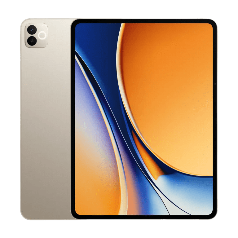 Realme Pad 3 Realme Pad 3 tablet shown from front and back against a black background. The front features an 11.61-inch display with a vibrant abstract wallpaper of curved orange, blue, and purple shapes, and thin bezels. The back has a sleek metallic champagne gold finish with a square camera module in the top-left corner housing dual lenses.