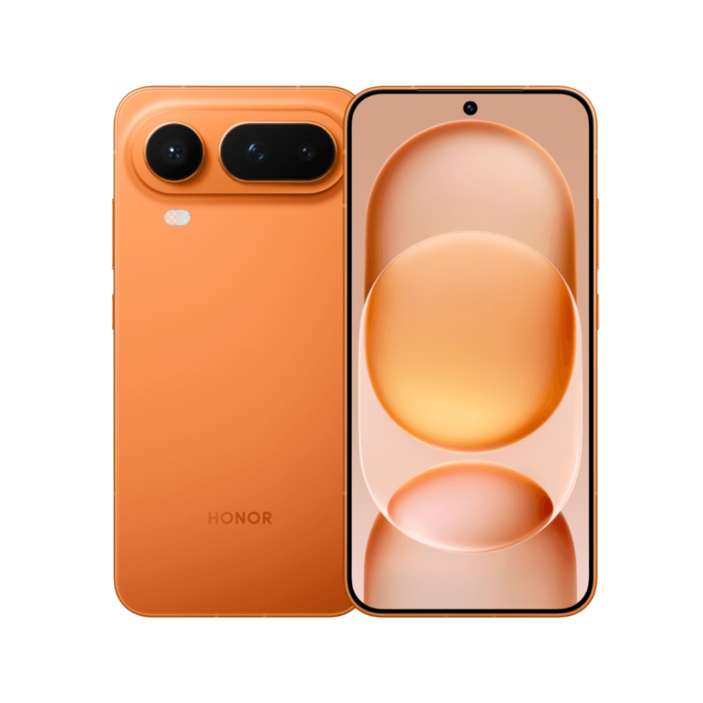 Honor Magic 8 Pro Air smartphone in orange color, shown from both back and front against a black background. The back features a dual-lens camera module in a raised rectangular housing, a flash, and the 'HONOR' logo at the bottom. The front displays a punch-hole selfie camera at the top center of a flat OLED screen with a warm-toned abstract wallpaper of overlapping rounded shapes.