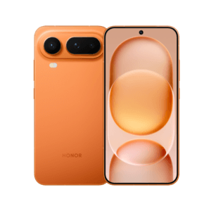 Honor Magic 8 Pro Air_Wazzuptechph 1 Honor Magic 8 Pro Air smartphone in orange color, shown from both back and front against a black background. The back features a dual-lens camera module in a raised rectangular housing, a flash, and the 'HONOR' logo at the bottom. The front displays a punch-hole selfie camera at the top center of a flat OLED screen with a warm-toned abstract wallpaper of overlapping rounded shapes.