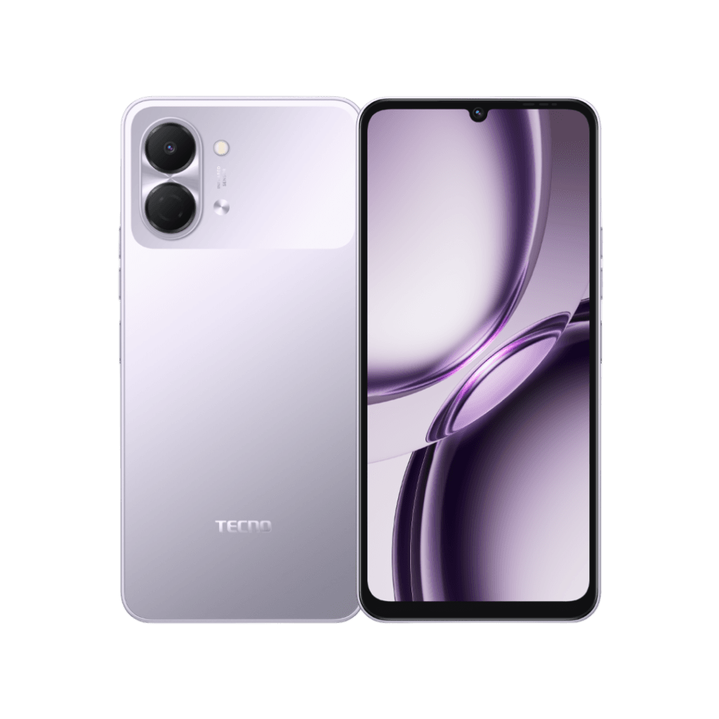 Tecno Spark Go 3 smartphone displayed against a black background, showing both rear and front views. The back has a sleek gradient finish (light purple to silver), dual rear cameras in a rounded square module, a flash, and the 'TECNO' logo. The front features a 6.74-inch IPS LCD screen with a waterdrop notch, displaying a purple abstract bubble graphic.