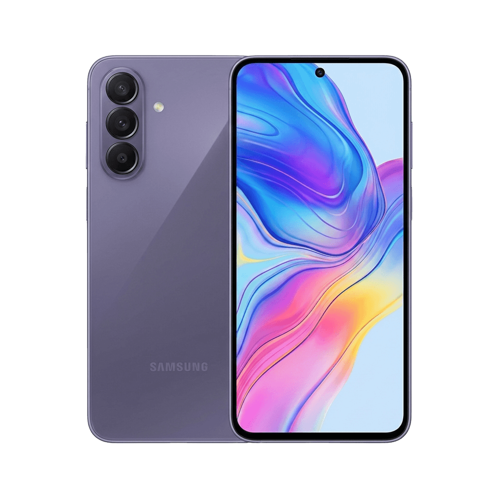 Samsung Galaxy A57 Samsung Galaxy A57 smartphone in a purple/lavender finish, shown from both front and back against a black background. The rear features a vertical triple-lens camera module and the Samsung logo, while the front displays a full-screen Super AMOLED panel with a central punch-hole selfie camera and colorful abstract wallpaper.