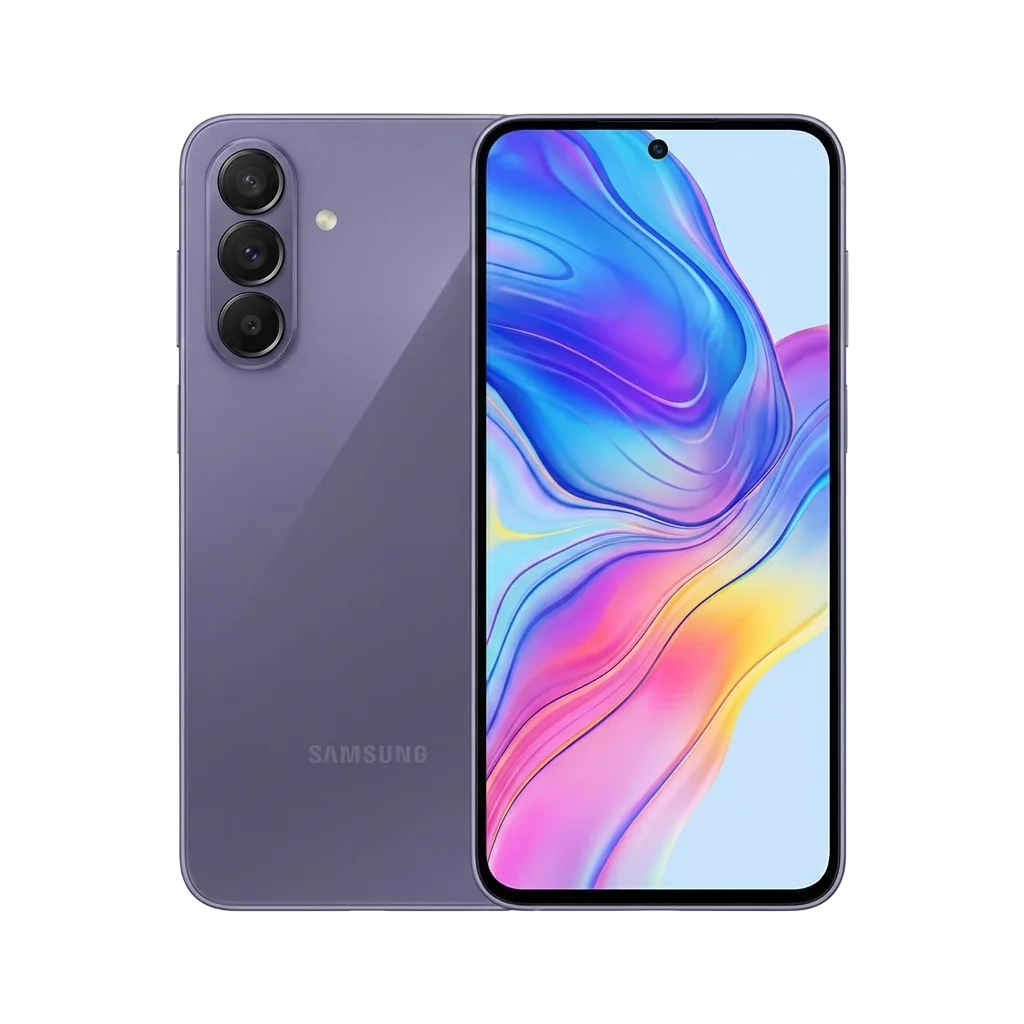 Samsung Galaxy A57 smartphone in a purple/lavender finish, shown from both front and back against a black background. The rear features a vertical triple-lens camera module and the Samsung logo, while the front displays a full-screen Super AMOLED panel with a central punch-hole selfie camera and colorful abstract wallpaper.