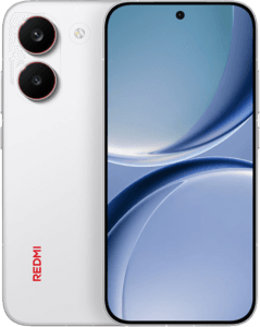 picsart_26-01-30_07-58-16-8904665260152651126107 1 Redmi Turbo 5 smartphone, showing both front and back views. Back: sleek white finish, vertical dual-camera module with red ring accents, red "REDMI" branding. Front: 6.59-inch curved 1.5K OLED display with central punch-hole selfie camera, abstract blue bubble-themed wallpaper.