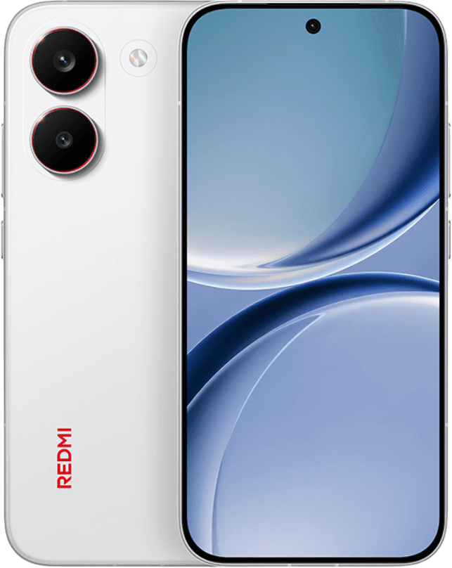 Redmi Turbo 5 and Turbo 5 Max Launched in China: Dimensity 8500-Ultra and 9500s, Up to 9,000mAh Battery 2 Redmi Turbo 5 smartphone, showing both front and back views. Back: sleek white finish, vertical dual-camera module with red ring accents, red "REDMI" branding. Front: 6.59-inch curved 1.5K OLED display with central punch-hole selfie camera, abstract blue bubble-themed wallpaper.