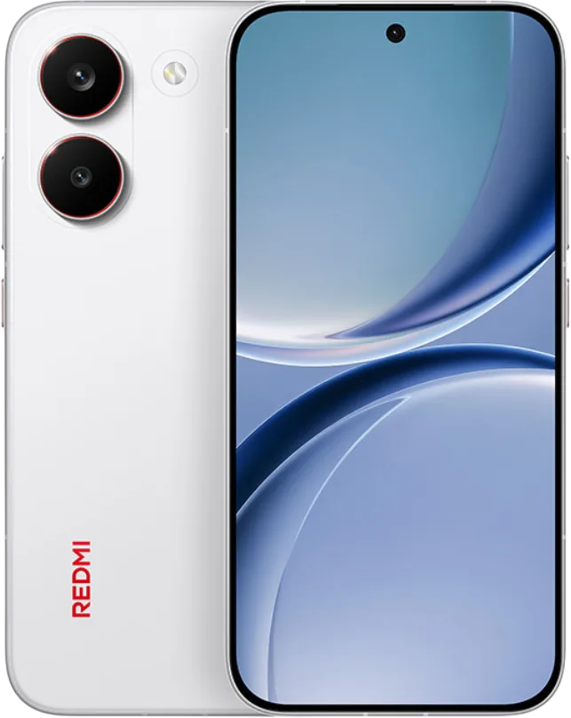 Redmi Turbo 5 Redmi Turbo 5 smartphone, showing both front and back views. Back: sleek white finish, vertical dual-camera module with red ring accents, red "REDMI" branding. Front: 6.59-inch curved 1.5K OLED display with central punch-hole selfie camera, abstract blue bubble-themed wallpaper.