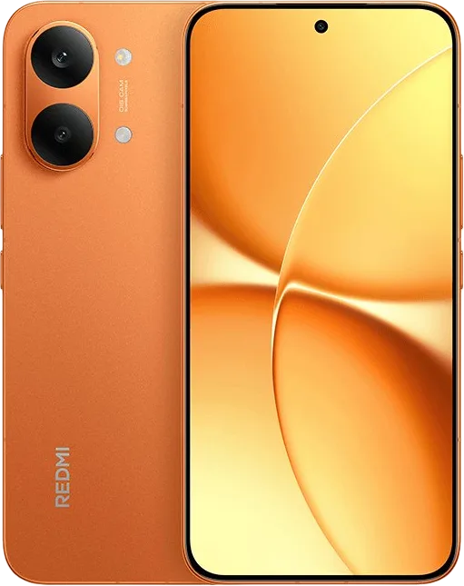 Redmi Turbo 5 Max Redmi Turbo 5 Max (Sunrise Orange variant), showing front and back views. Back: Matte orange finish, vertical dual-camera module (50MP OmniVision Light Fusion 600 + 8MP ultra-wide) with dual flash, silver "REDMI" branding. Front: 6.83-inch flat OLED 1.5K display, central punch-hole 20MP selfie camera, warm orange-yellow abstract circular-patterned wallpaper.