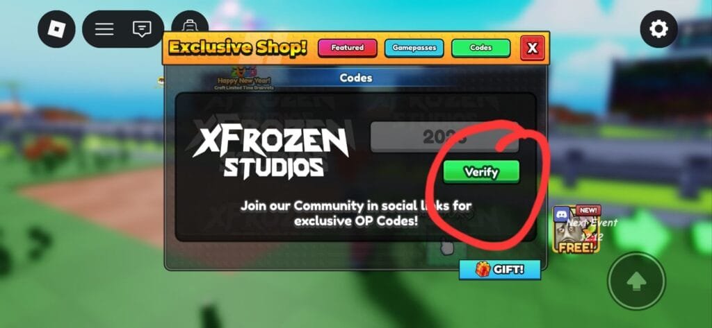 Roblox game "Exclusive Shop!" interface, now on the "Codes" tab (green tab at top). The screen displays "XFROZEN STUDIOS" branding, a prompt: "Join our Community in social links for exclusive OP Codes!", a partially visible code input field, and a red-circled green "Verify" button (highlighted as the step to confirm "brainrot codes" – meme-y, viral in-game cheat codes). Background shows game environment, mobile controls, "Happy New Year!" banner, and "GIFT!" button. Context ties the "Verify" button to submitting catchy, shareable codes for rewards.