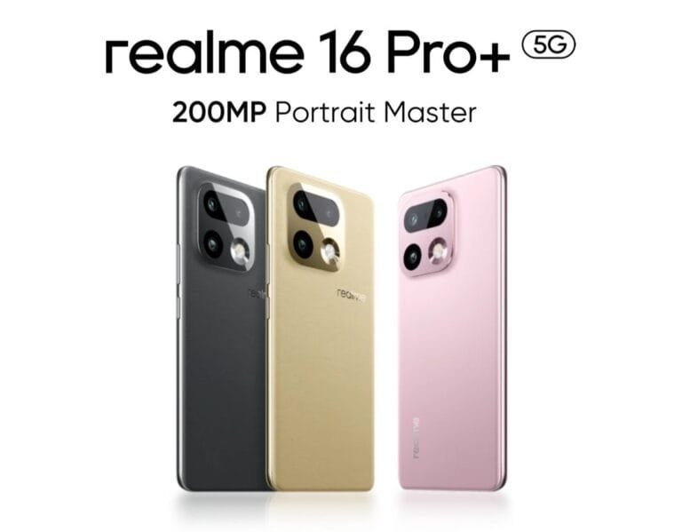 Realme Introduces 16 Pro and 16 Pro+ Smartphones With 7,000mAh Battery and 200MP Camera Product promotional image of realme 16 Pro+ 5G smartphone, labeled '200MP Portrait Master'. Three devices are shown from the back, in black, gold, and pink color options, each featuring a square-shaped camera module with multiple lenses on the upper left corner of the rear panel.