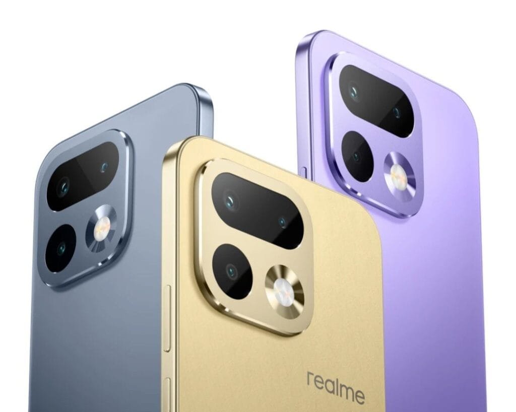 Rear view close-up promotional image of realme 16 Pro smartphones, showcasing three color options: gray-blue, gold, and purple. Each device features a square camera module with multiple lenses and a distinct metallic ring around one component; the 'realme' logo is visible on the gold model's back panel against a white background.