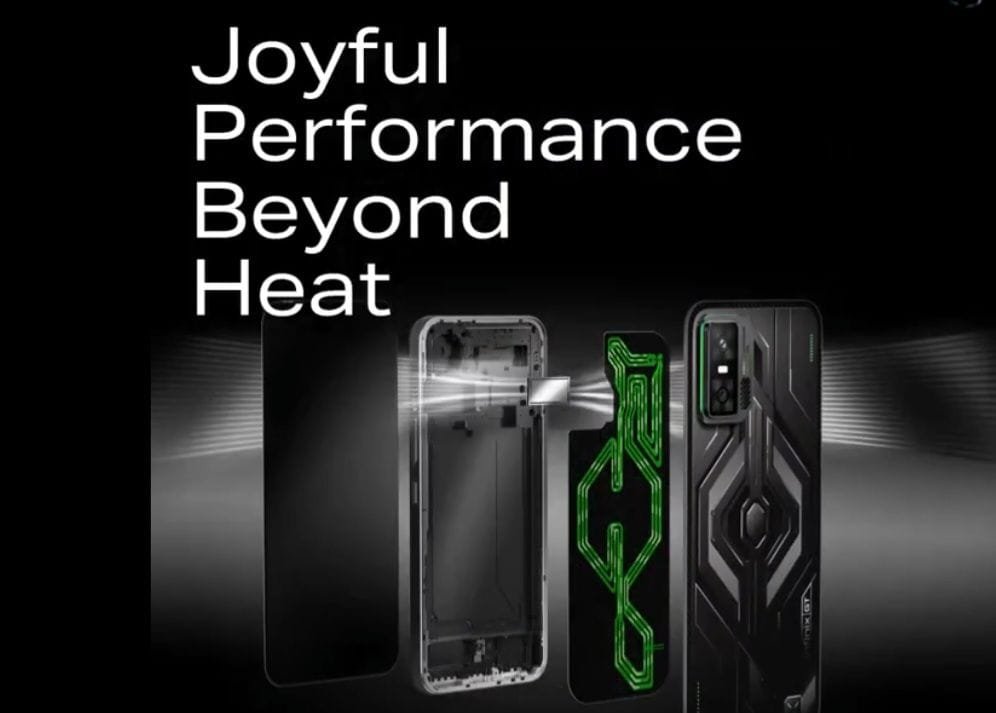 Promotional graphic for the Infinix Note 60 Series, highlighting thermal management capabilities. The image shows an exploded view of the smartphone—display panel, internal frame, green-patterned cooling module, and rear casing with geometric design—against a black-to-gray gradient background. Large white text reads 'Joyful Performance Beyond Heat', emphasizing efficient performance without overheating issues.