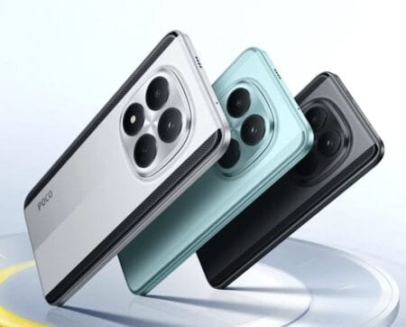 POCO M8 Pro 5G smartphones displayed from the rear, arranged in a stacked, angled formation against a light, glossy background with subtle yellow accents. Three color variants are shown: silver with black carbon fiber-inspired side accents, light blue with a smooth textured finish, and matte black with matching side accents. All feature a prominent square camera module housing four lenses, with the 'POCO' logo printed vertically near the bottom edge of the back panel.