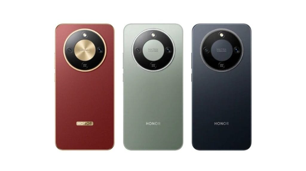 A product photograph of the Honor Magic 8 Lite smartphone, showcasing three color options against a plain white background: (from left to right) a deep red with gold accents, a muted green, and a dark blue. Each model features a circular rear camera module—with "MATRIX" branding on the green and blue variants, and a gold inner ring on the red one—plus the "HONOR" logo displayed on the back (in gold for red, white for green and blue).