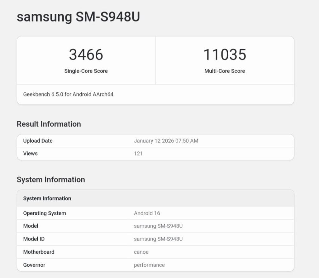 Geekbench 6.5.0 benchmark results for the Samsung Galaxy S26 Ultra (model SM-S948U, US variant). It scores 3466 in single-core and 11035 in multi-core (tested on Android AArch64). Result info shows upload date January 12, 2026, with 121 views. System info includes Android 16 OS, motherboard code-named 'canoe', and governor set to 'performance'.