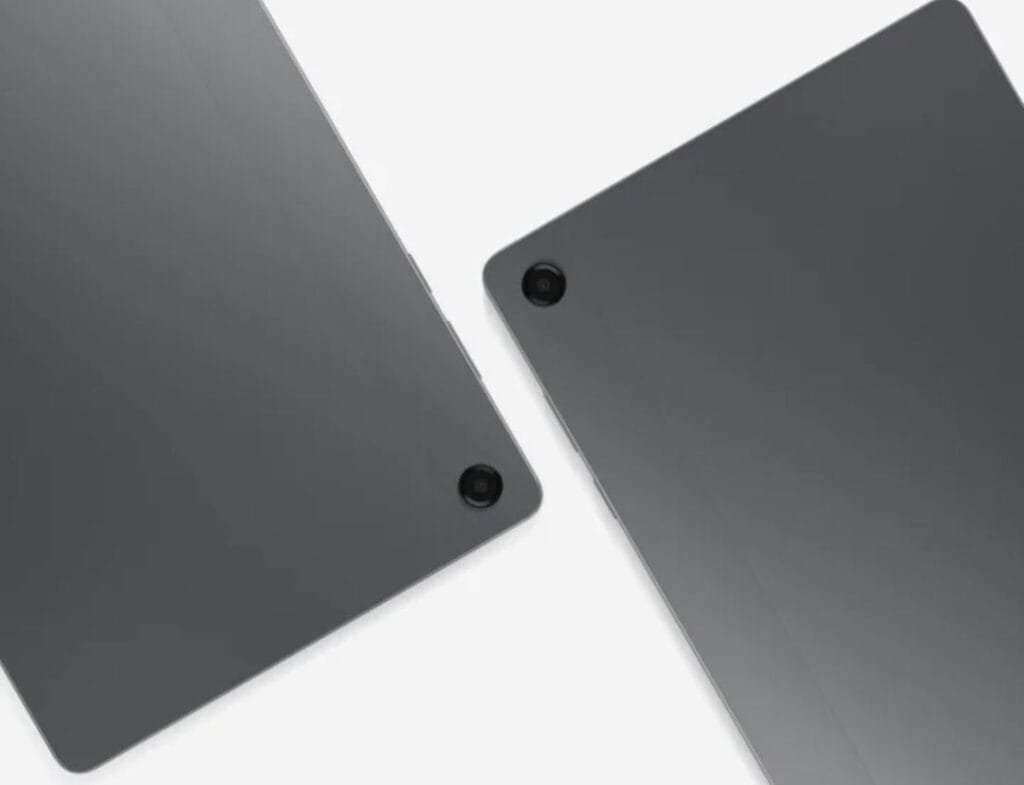 Samsung Galaxy Tab A11+ and Tab A11+ 5G Launch in the Philippines, Starting at PHP 14,990 3 Close-up view of the rear of two Samsung Galaxy Tab A11+ tablets in dark gray. Each features a single circular rear camera lens positioned near one corner, set against a sleek, smooth metal back panel with a minimalist design. The background is plain white, emphasizing the devices' clean aesthetic.