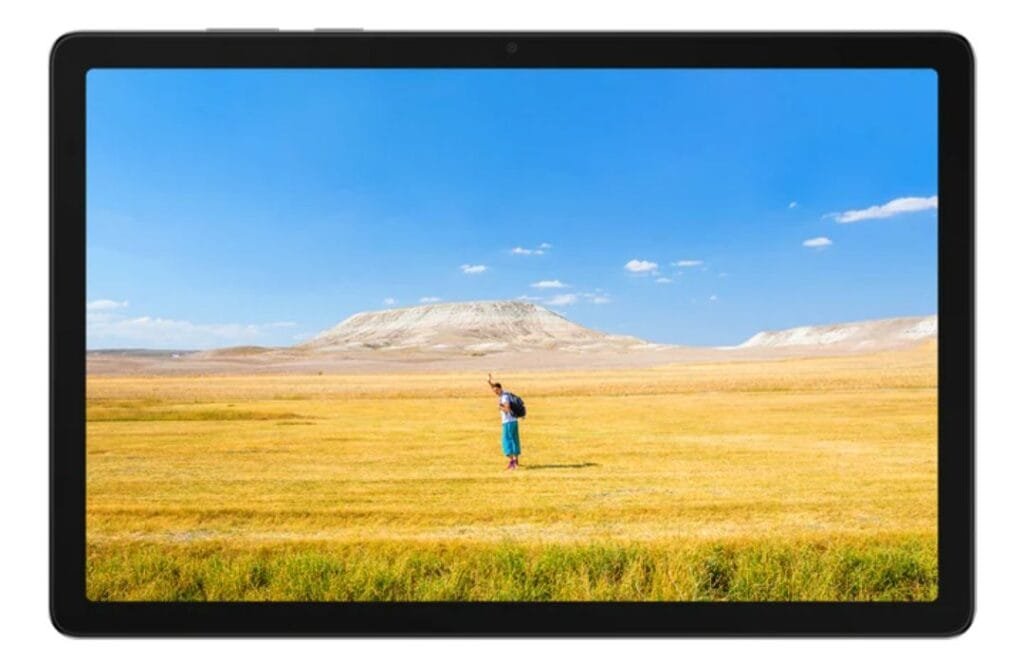 Samsung Galaxy Tab A11+ and Tab A11+ 5G Launch in the Philippines, Starting at PHP 14,990 2 Samsung Galaxy Tab A11+ tablet with a black bezel, displaying a vivid screen image of a person with a backpack standing in a vast golden grassland under a bright blue sky, with distant light-colored hills visible in the background. The device features a sleek, modern design with a front-facing camera centered at the top bezel.