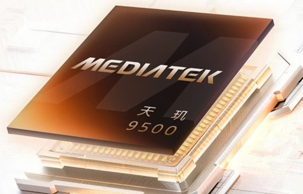 Visual rendering of the MediaTek Dimensity 9500 processor, stated to power the Honor Magic 8 Pro Air; features the 'MEDIATEK' brand name and Chinese characters '天玑' with '9500' printed on the chip surface, shown with layered circuitry below against a light background.
