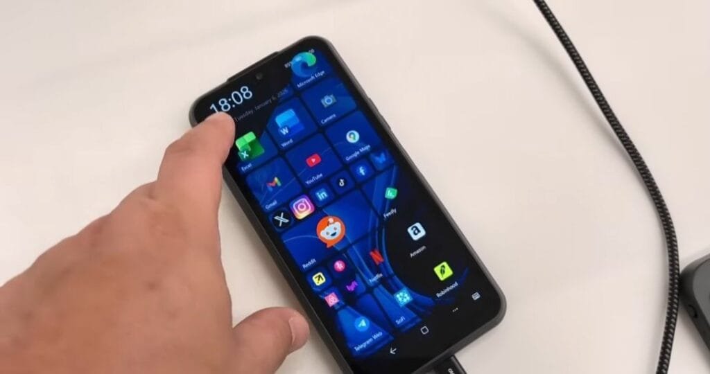 NexDock NexPhone Runs Windows 11, Linux, and Android: The $549 Triple-OS Phone Is Real A hand touching the top-left area of a NexPhone smartphone that's connected to a black braided cable. The phone's screen displays a grid of app icons (including Excel, Word, YouTube, Instagram, Reddit, Amazon) on a blue-themed wallpaper, with the time showing 18:08 and date as Tuesday, January 7, 2025. The phone is placed on a plain white surface.