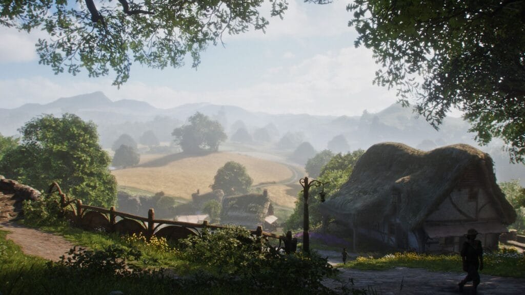 A sun-drenched pastoral scene from a fantasy fable game—framed by leafy tree branches, a cobblestone path winds past a thatched-roof cottage. Rolling golden fields and mist-shrouded hills stretch toward distant mountains, with a figure walking along the path and rustic wooden fences dotting the lush green landscape, evoking a tale of rural magic and adventure.