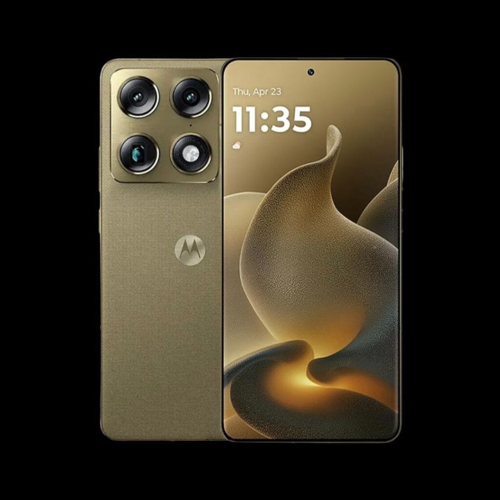 Motorola signature smartphone in a metallic olive-green finish, showing both rear and front views against a black background. The back features a quad-camera module and the iconic Motorola 'M' logo; the front displays a large screen with the time '11:35' and date 'Thu, Apr 23' above an abstract golden wave wallpaper.