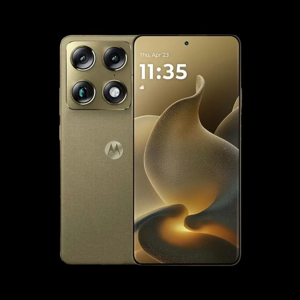 Motorola signature smartphone in a metallic olive-green finish, showing both rear and front views against a black background. The back features a quad-camera module and the iconic Motorola 'M' logo; the front displays a large screen with the time '11:35' and date 'Thu, Apr 23' above an abstract golden wave wallpaper.