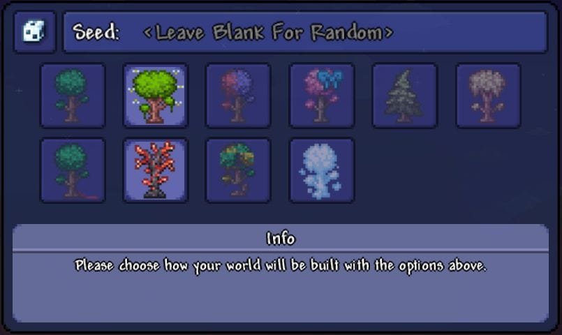Terraria 1.4.5 Bigger & Bolder Update Goes Live Across All Platforms 3 Terraria new world screen: Seed input field, 12 biome tree icons (one selected), info bar about world building options.