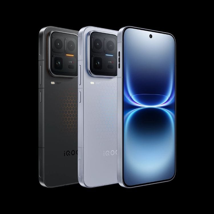 iQOO 15 Ultra Price in China Starts at CNY 5,699 2 iQOO 15 Ultra smartphones shown in black and silver colorways, featuring a rear camera module and curved front display with blue gradient screen design.