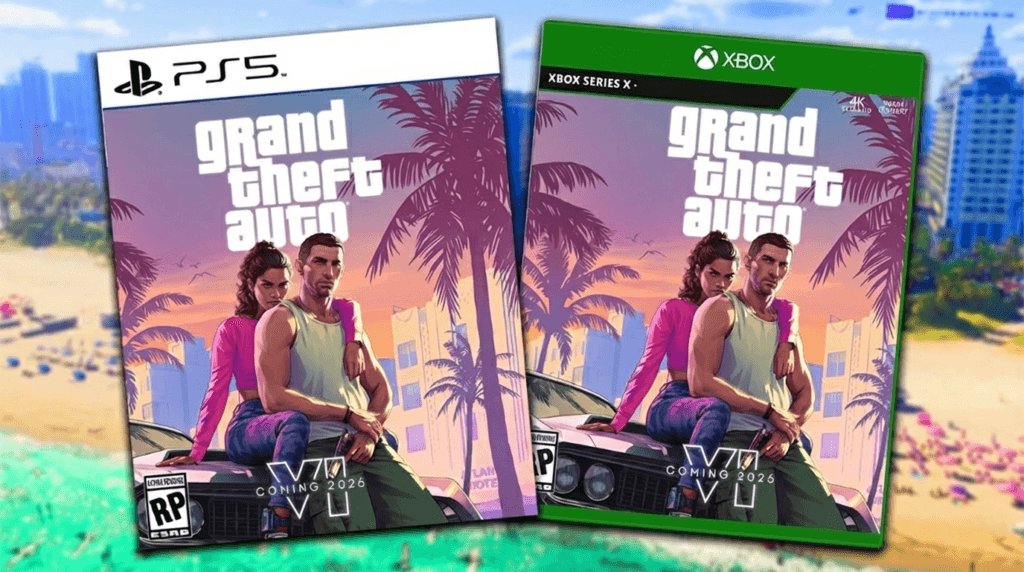 Concept artwork showing physical game boxes for Grand Theft Auto VI – one for PlayStation 5 (white top border) and one for Xbox Series X (green top border). Both feature two characters sitting on a car against a backdrop of palm trees and a coastal city skyline, with 'COMING 2026' text and rating logos visible. Background shows a blurred beach and cityscape.
