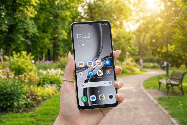 A hand holding a Tecno Spark Go 3 smartphone, showing its home screen with app icons. The background is a sunlit park with green trees, plants, and a paved pathway.