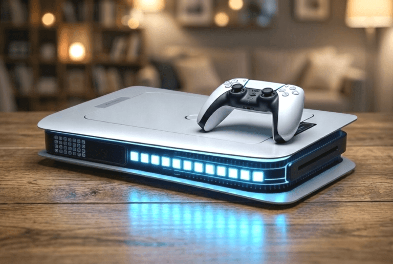 Concept image of a PlayStation 6 console on a wooden table, featuring a slim silver design with blue LED lighting on the front and a DualSense-style controller placed on top.